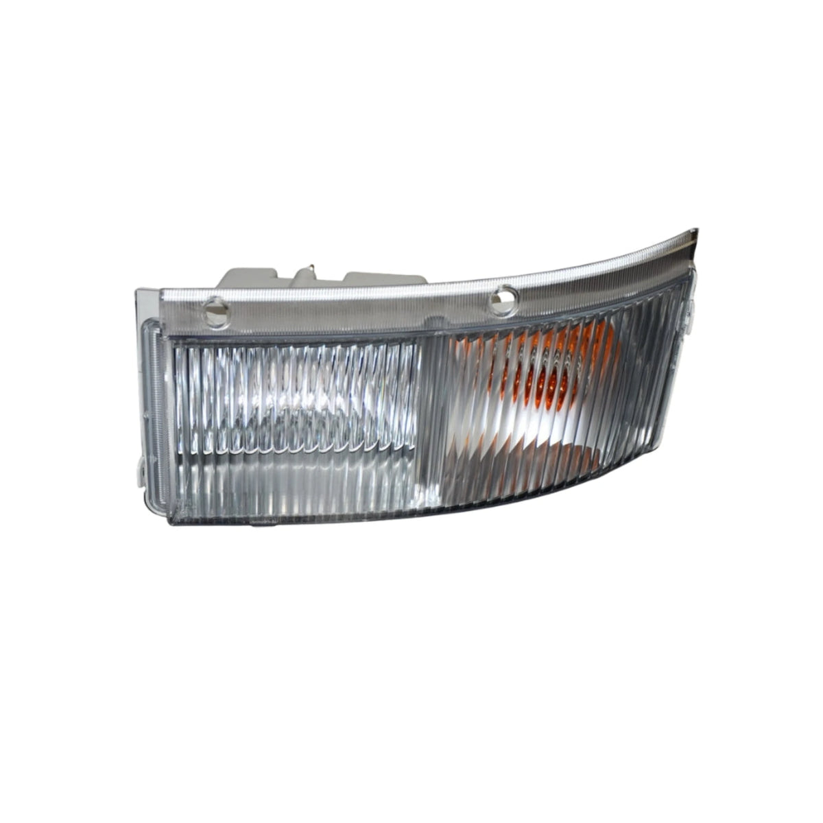 A replacement car headlight assembly with a clear ribbed lens, silver metal housing, and an orange side marker light, shown on a plain white background. Isuzu F Series Front Bumper Bar Flasher L/H